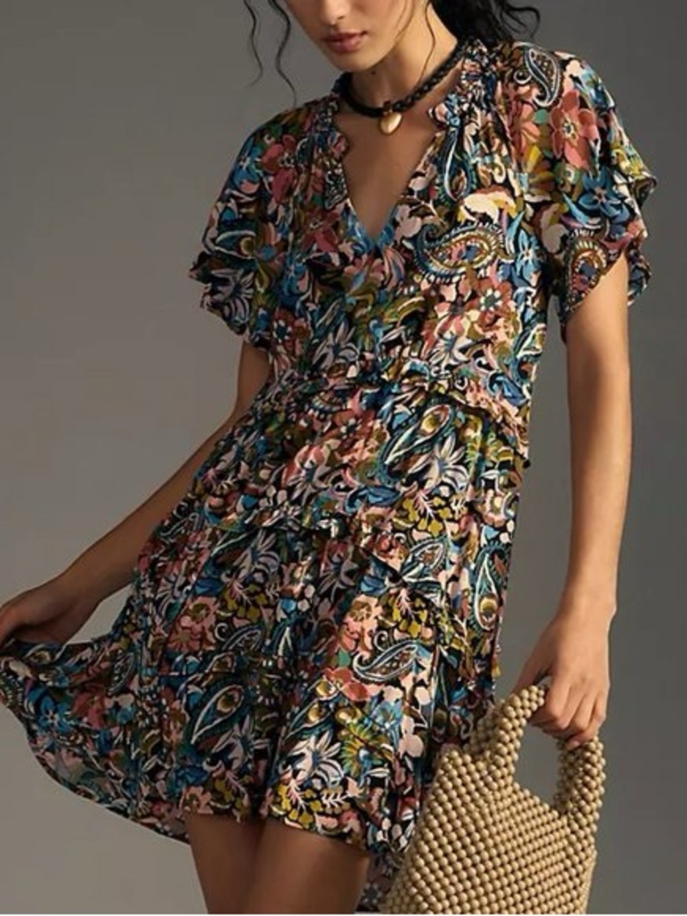 Anthropologie - Robin Colorful Floral Tiered Short Sleeve Mini Dress Size Small
